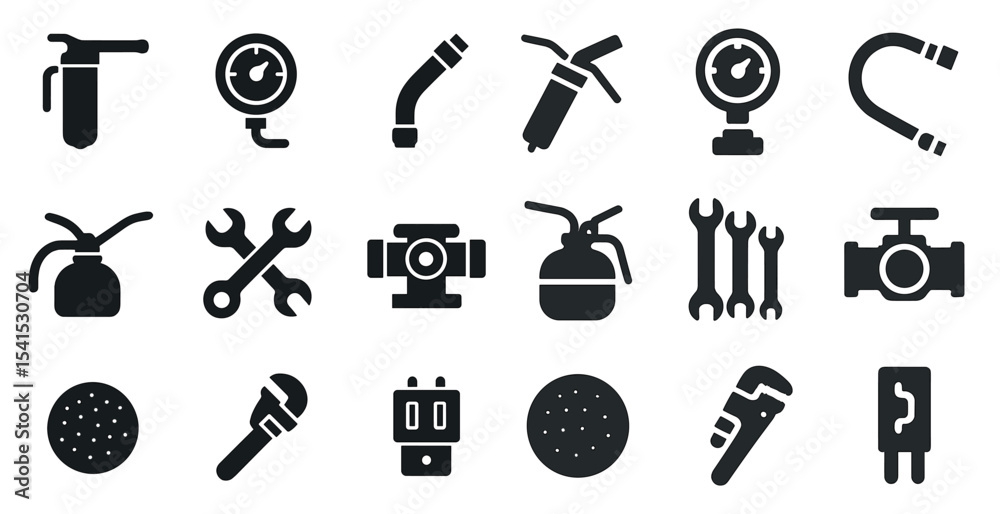 Fototapeta premium Industrial maintenance icons set - silhouette, solid, repair and tool symbols