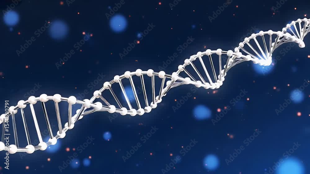 A close-up view of a DNA strand on a dark background, science and research concept