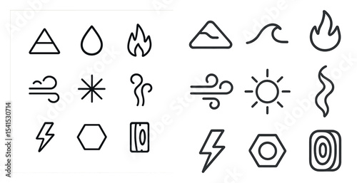 Weather and nature symbols line icons set – outline, linear, climate and atmospheric graphics