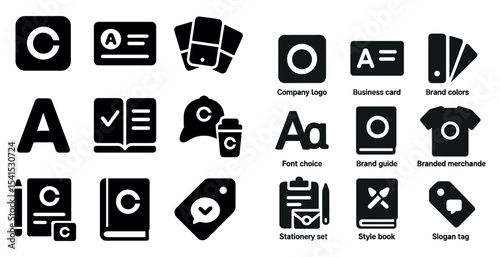 Brand identity solid icons set – flat, filled, corporate and marketing symbols