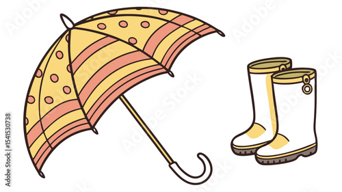 Illustration of a yellow and pink umbrella with polka dots and striped rain boots on a white background