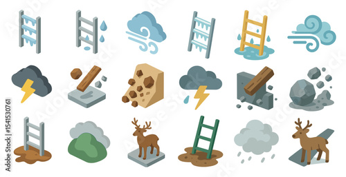 Weather and natural disaster icons set – isometric, 3d, storm and climate symbols