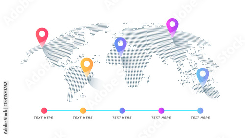 Vector Dotted World Map Infographic with Color Location Pins – Editable SVG