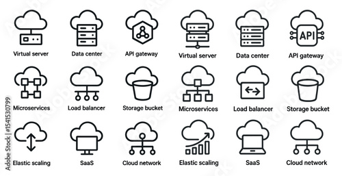 Cloud computing outline icons set – silhouette, linear, network and data symbols