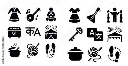 Cultural and lifestyle silhouette icons set – solid, outline, tradition and activity symbols