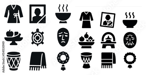 Cultural and heritage solid icons set – filled, tradition, custom symbols
