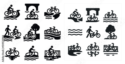 Cycling silhouette icons set – solid, filled, biking and outdoor activity symbols