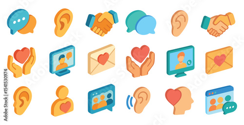 Business communication isometric icons set – flat, filled, teamwork, and chat symbols