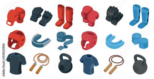 Boxing and fitness icons set – isometric, sports, exercise equipment graphics