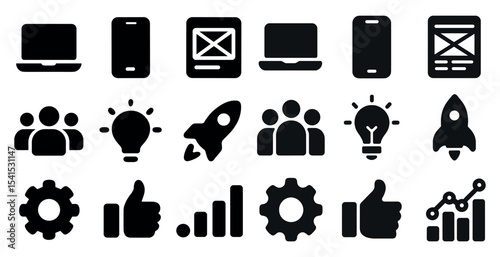 Business and technology solid icons set – silhouette, filled, corporate and tech symbols
