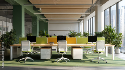 Modern open plan office interior with ergonomic chairs and green plants creating calm workspace