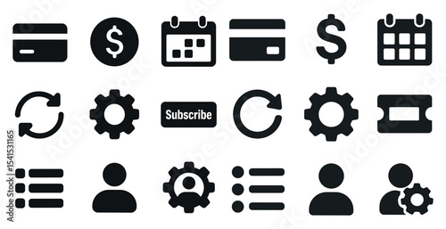 Finance and business solid icons set – budget, currency, management symbols