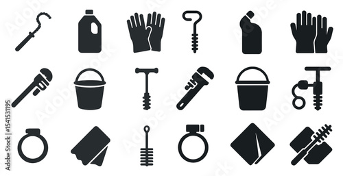 Cleaning tools filled icons set – silhouette, solid, equipment and supplies symbols