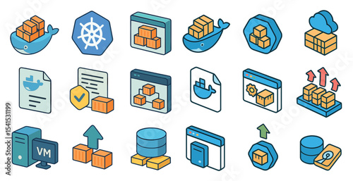 Cloud computing outline icons set – container, storage, digital technology symbols