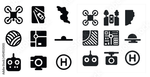 Drone and aviation silhouette icons set – solid, filled, aerial photography symbols