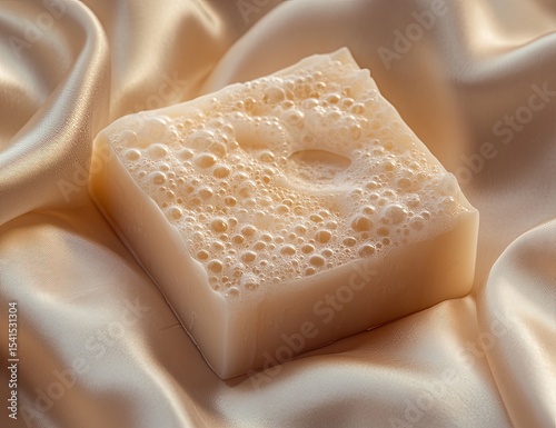 Creamy, square bar of soap with abundant, light-colored bubbles resting on a luxurious, champagne-colored silk fabric
