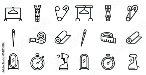 Fashion and sewing outline icons set – linear, minimalist, tailoring and garment symbols