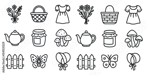Gardening and picnic outline icons set – flat, leisure, springtime symbols