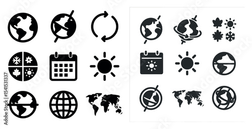 Seasons and weather silhouette icons set – filled, flat, climate and nature symbols