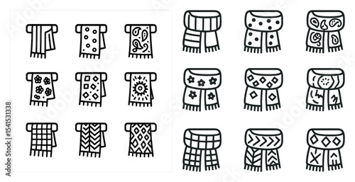 Fashion and apparel outline icons set – scarves, clothing, winter accessories symbols