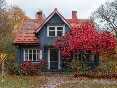 Charming Autumn Retreat: A Quaint Gray House Adorned with a Vibrant Red Berry Tree in a Serene Landscape, Showcasing Nature's Splendor and Architectural Beauty