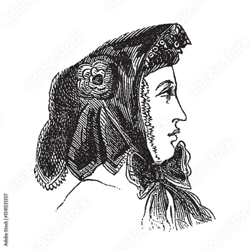 Victorian fashion line drawing women fashion accessories hat, scarf