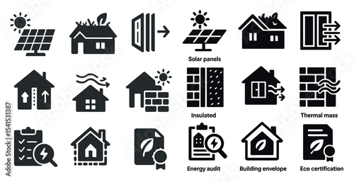 Sustainable energy solid icons set – solar, eco-friendly, renewable energy symbols