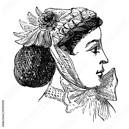 Victorian fashion line drawing women fashion accessories hat, scarf