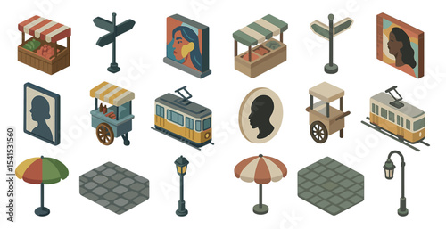 Urban market isometric icons set – filled, city, street vendor symbols