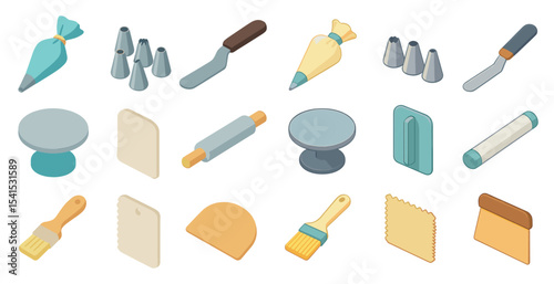 Baking tools isometric icons set – flat, kitchen, cooking equipment symbols