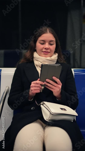 A woman immersed in the act of reading on her e-reader while seated on a subway train, displaying a focused and serene expression that reflects her enjoyment of literature during her daily commute