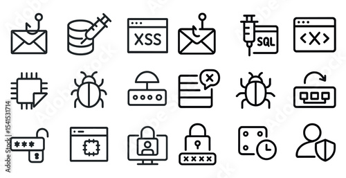 Cybersecurity and protection outline icons set – linear, secure, internet safety symbols
