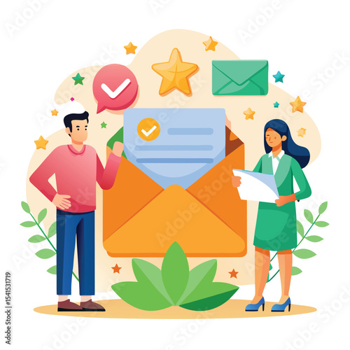 Email marketing concept illustration with business professionals and envelope letter communication