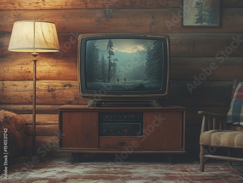 Cozy Cabin Interior: A Vintage Television Displays a Snowy Forest Scene, Complemented by a Warm Lamp and Rustic Wood Furnishings Creating a Nostalgic Retreat.