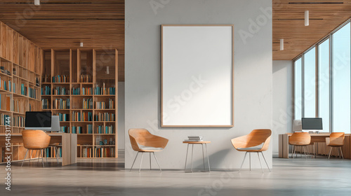 Blank poster mockup on wall in modern library with wooden furniture and natural light