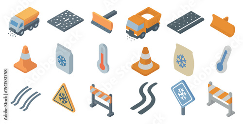 Construction and road safety icons set – isometric, traffic, infrastructure symbols