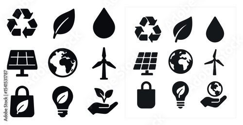 Eco and sustainability icons set – silhouette, recycling, green energy symbols