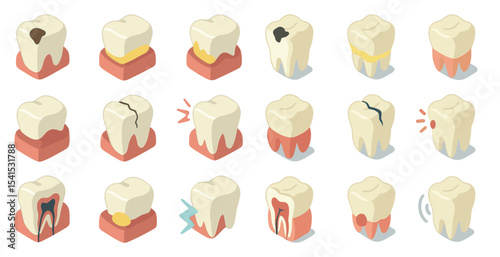 Dental health icons set – isometric, professional, teeth care and toothache symbols