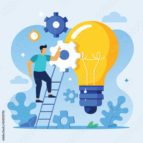 Creative problem solving concept with a man climbing to connect gear to lightbulb
