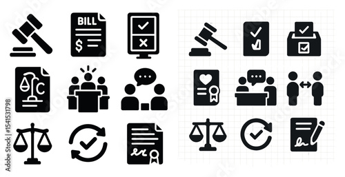 Legal administration solid icons set – filled, silhouette, justice symbols