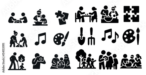 Family activity silhouette icons set – solid, filled, home and leisure symbols