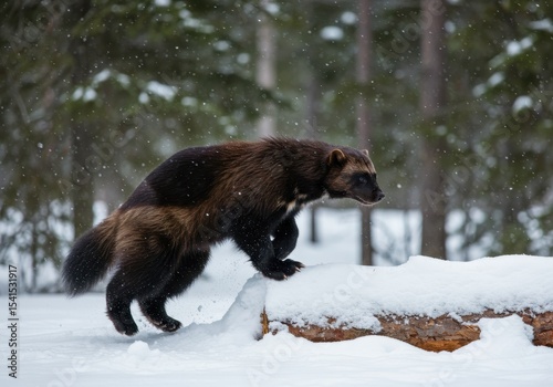 Wolverine climbing over a snow-covered log in a winter forest landscape ai generated