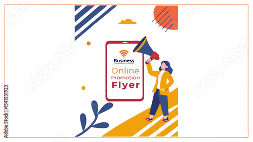 Illustration of a woman with a megaphone promoting a business online flyer on a smartphone screen design