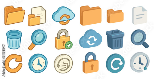 File management 3d icons set – cloud, folder, organization and security symbols