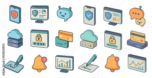 Cybersecurity and technology isometric icons set – digital, data protection symbols