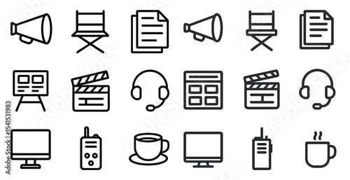 Media and communication outline icons set – linear, line, broadcasting symbols