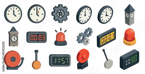 Timekeeping and clocks icons set – isometric, communication, alarm and countdown symbols