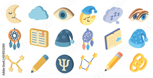 Dream and sleep icons set – flat, filled, bedtime and relaxation symbols