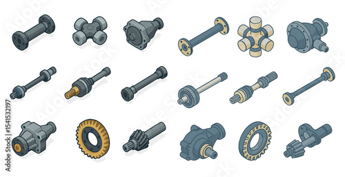 Mechanical components isometric icons set – 3d, gear, industrial and machinery tools