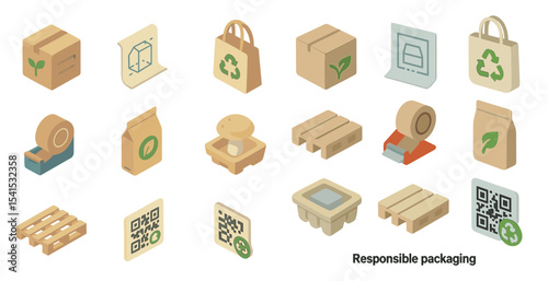Eco-friendly packaging icons set – isometric, sustainable, recyclable symbols